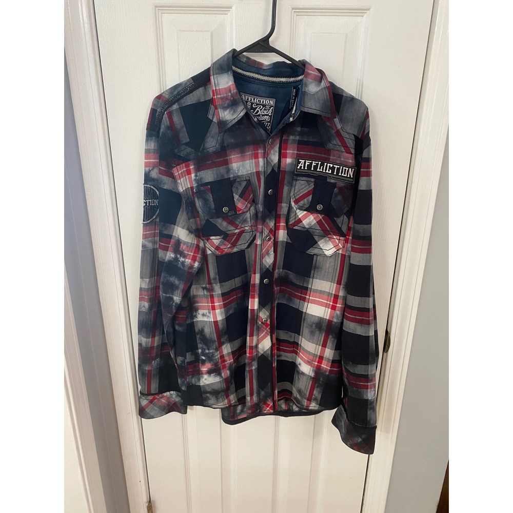 Affliction Button Down Men Large Red Grey Plaid Slim Black Premium Biker Shirt - Picture 2 of 10